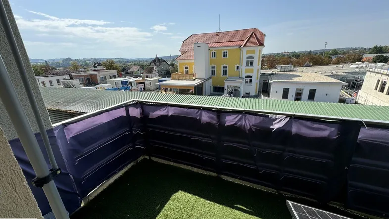 Balkon mit Kunstrasen, Sichtschutz und Blick auf die umliegenden Gebäude.