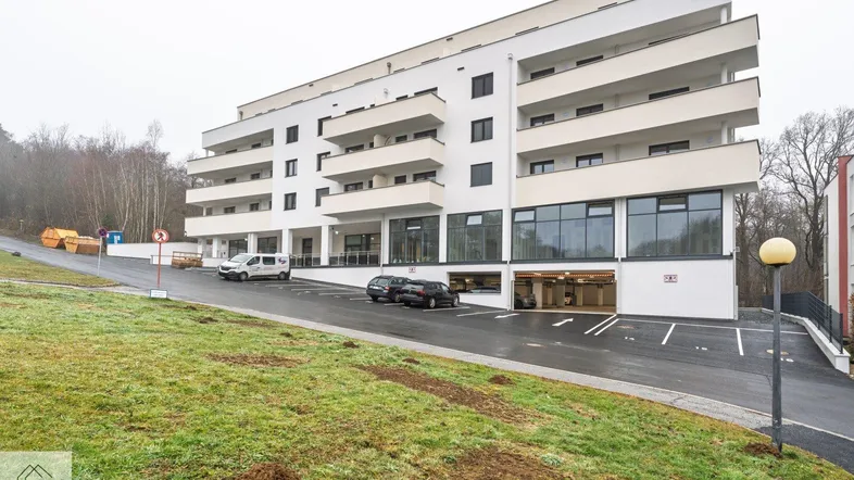Modernes Mehrfamilienhaus mit Balkonen, großen Fenstern und Tiefgaragenzufahrt in grüner Umgebung.