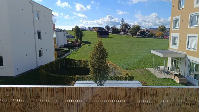 Blick von einem Balkon auf eine grüne Wiese und umliegende Wohngebäude unter blauem Himmel.