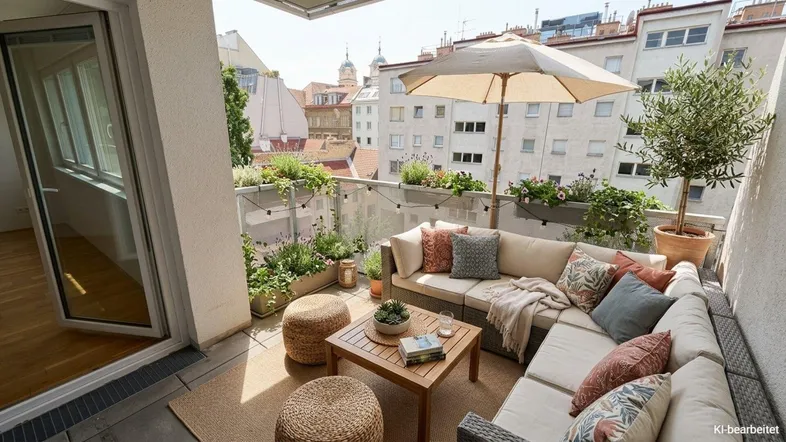 Möblierter Balkon mit gemütlicher Sitzecke, Pflanzen und Blick über die Stadt.