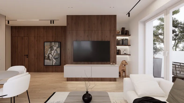 Modernes Wohnzimmer mit Holzwand, Fernseher und Zugang zu einer Terrasse.