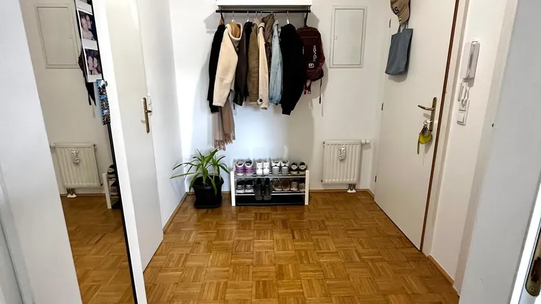 Heller Eingangsbereich mit Parkettboden, Garderobe und einem großen Spiegel an der Wand.