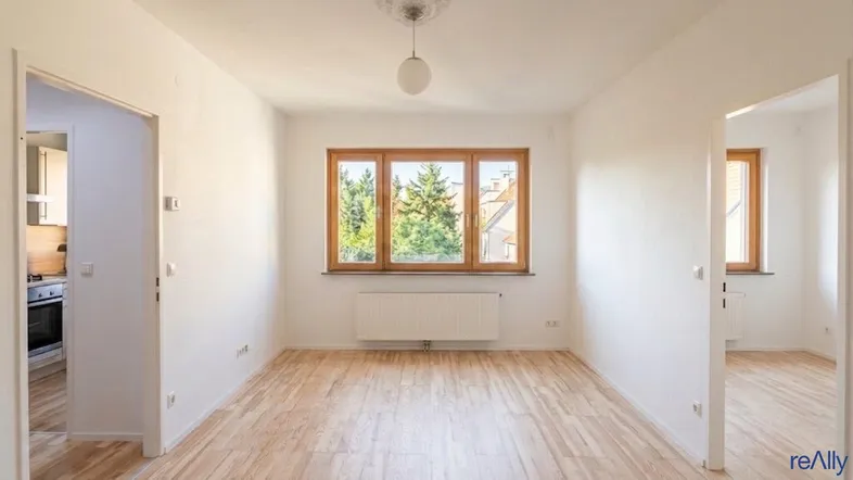 Helles, leeres Zimmer mit Parkettboden, Stuckdecke und Blick ins Grüne.