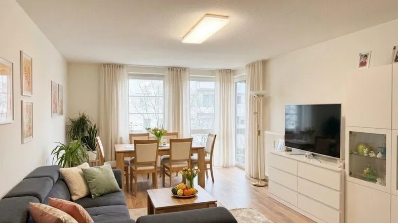 Helles Wohn- und Esszimmer mit modernem Sofa, Esstisch und Zugang zum Balkon, ausgestattet mit Holzfußboden.