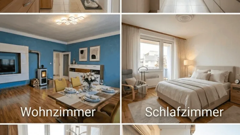 Collage verschiedener Räume, darunter Flur, Küche, Wohnzimmer, Schlafzimmer, Bad und Balkon.