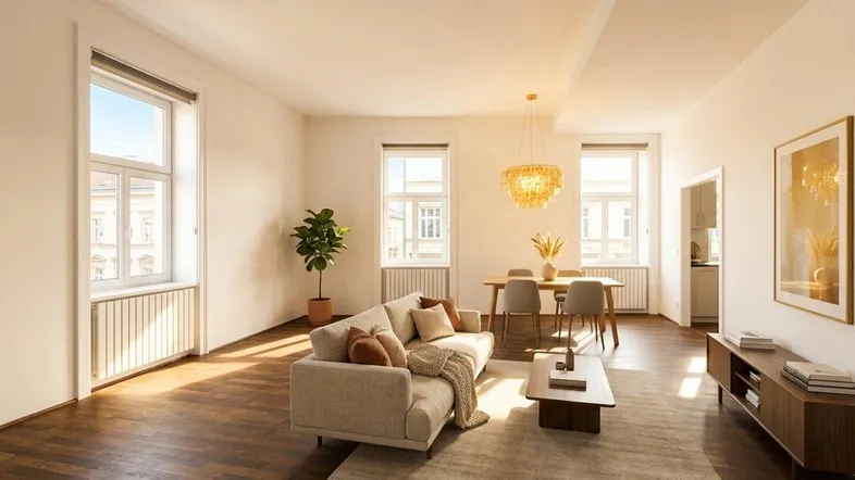 Helles Wohn- und Esszimmer mit Holzboden, beigem Sofa und modernem Esstisch unter einem Kronleuchter.