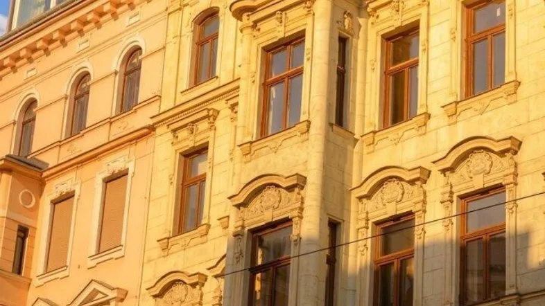 Historische Fassade eines Altbaus mit reich verzierten Details und Erkern im warmen Abendlicht.