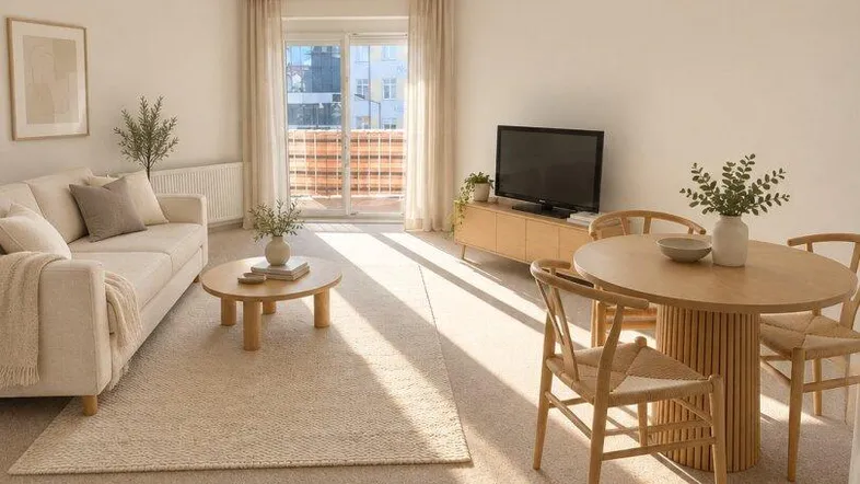 Helles Wohn- und Esszimmer mit beigem Teppichboden, modernen Möbeln und Zugang zum Balkon.
