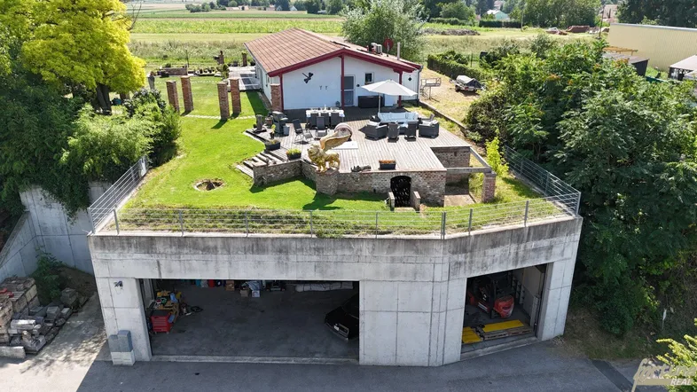 Luftaufnahme des Anwesens mit begrüntem Dach, großer Terrasse und integrierter Garage.