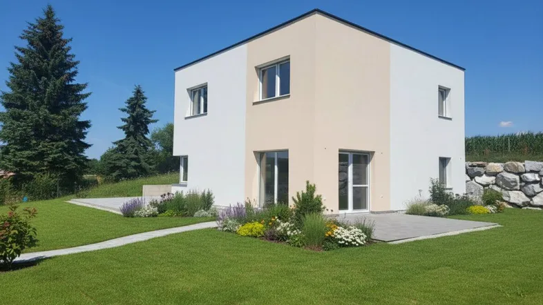 Neubau-Einfamilienhaus mit gepflegtem Garten, Rasenfläche und sonniger Terrasse.