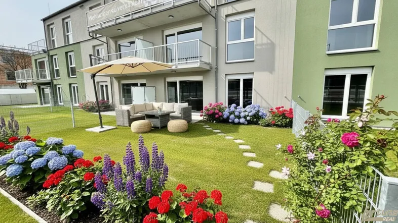 Gepflegter Gartenbereich mit möblierter Terrasse und blühenden Blumenbeeten vor dem modernen Gebäude.