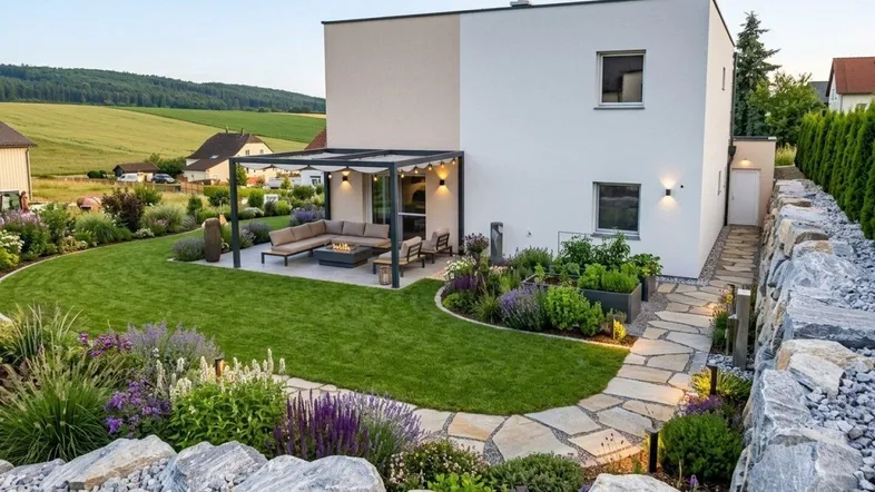 Modernes Haus mit gepflegtem Garten, großer Terrasse unter Pergola und weitem Blick ins Grüne.