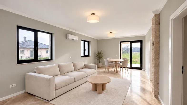 Helles Wohn- und Esszimmer mit beigem Sofa, Couchtisch und Zugang zur Terrasse.