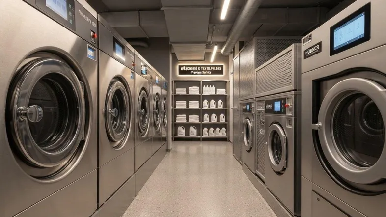 Langer Raum mit Reihen von professionellen Waschmaschinen und Trocknern, ideal für gewerbliche Wäschereien.
