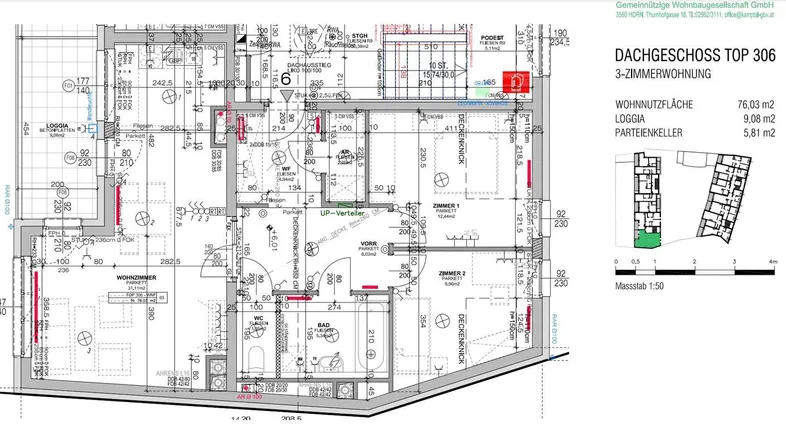 Detaillierter Grundriss einer 3-Zimmer-Dachgeschosswohnung mit Loggia und Kellerabteil.