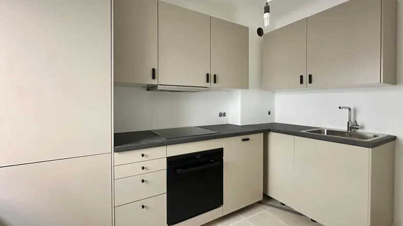 Moderne Küche mit hellbeigen Schränken, dunkler Arbeitsplatte, integriertem Backofen und Induktionskochfeld.