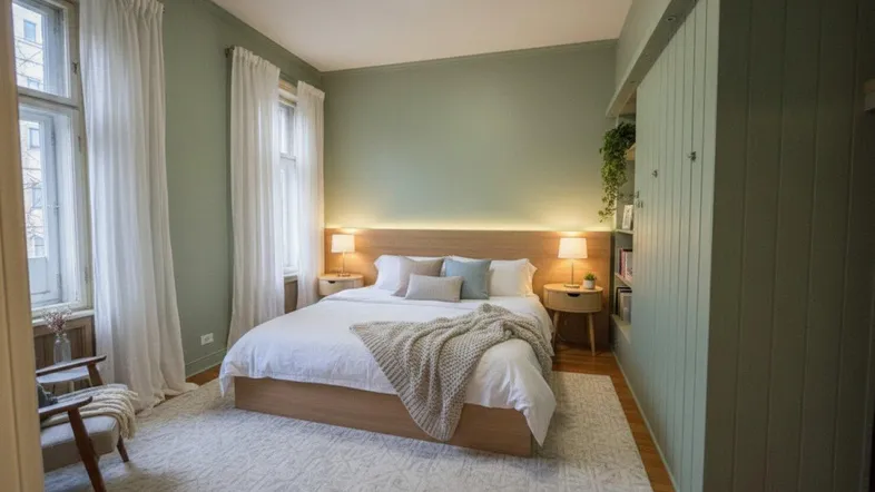 Helles Schlafzimmer mit grünen Wänden, Holzbett und großem Teppich.