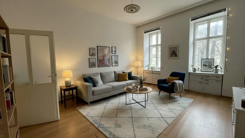 Helles Wohnzimmer mit hohen Decken, Parkettboden und großen Fenstern, gemütlich eingerichtet.