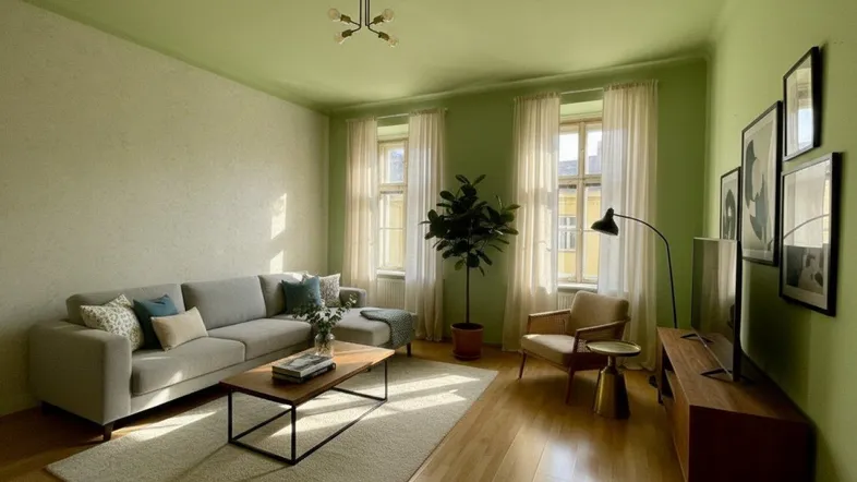 Helles, KI-bearbeitetes Wohnzimmer mit modernem Sofa, Holzboden und grünen Wänden, das eine gemütliche Atmosphäre schafft.