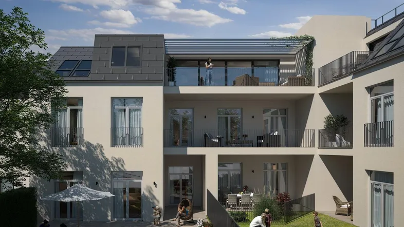 Visualisierung der modernen Wohnanlage mit Gärten, Balkonen und Dachterrassen bei Tageslicht.