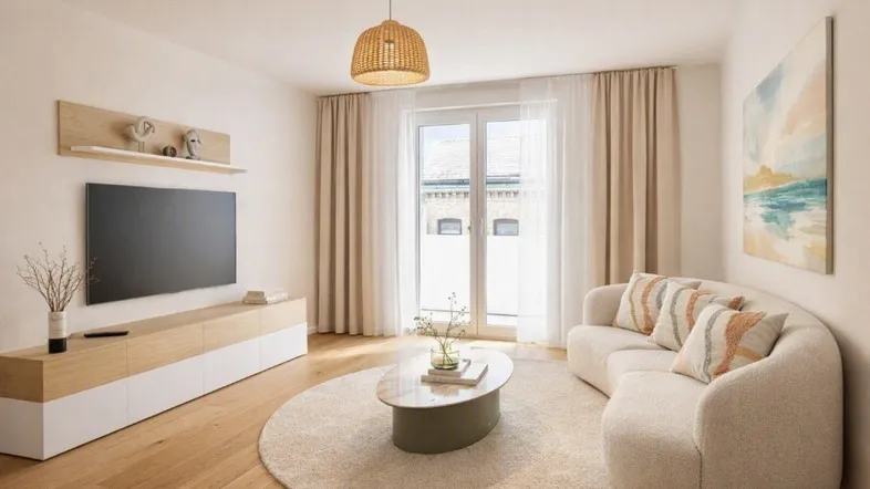 Gemütliches Wohnzimmer mit Holzboden, modernem Sofa und Zugang zu einem Balkon.