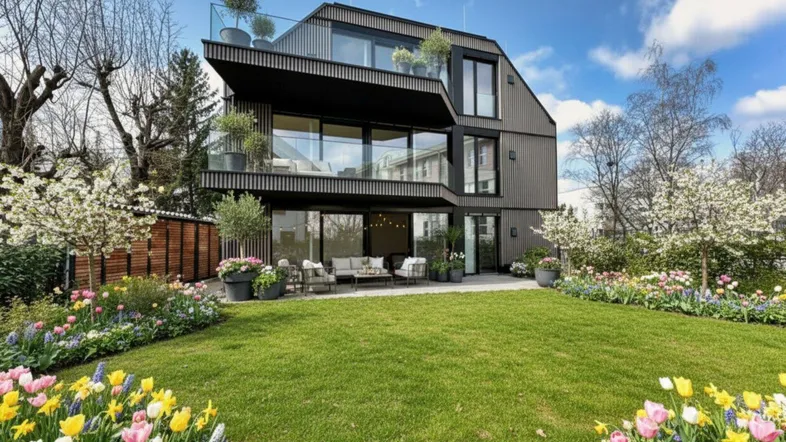 Modernes Gebäude mit großen Glasfronten, mehreren Balkonen und einer möblierten Terrasse, umgeben von einem blühenden Garten.
