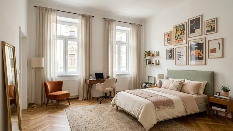 Geräumiges Schlafzimmer mit Fischgrätparkett, großem Bett und einem gemütlichen Arbeitsplatz am Fenster.