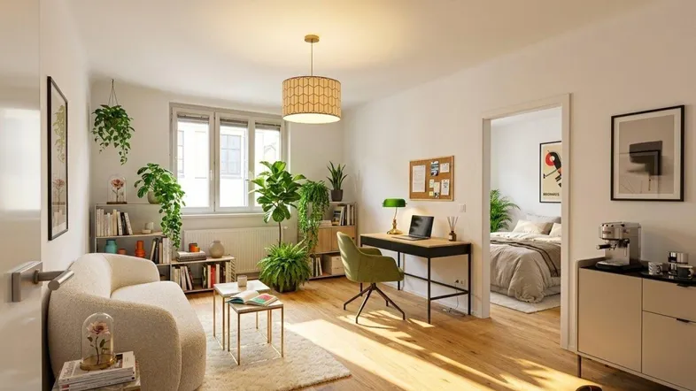 Helles Wohnzimmer mit Holzboden, vielen Pflanzen und einem integrierten Arbeitsbereich, der zu einem Schlafzimmer führt.
