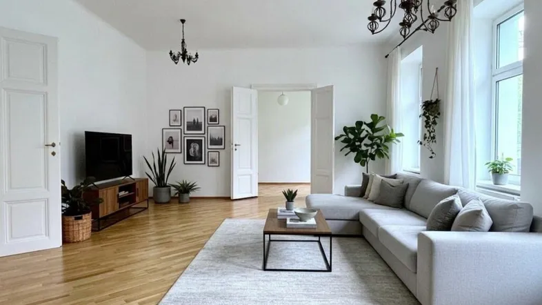 Helles Wohnzimmer mit Parkettboden, großem Sofa und stilvollen Kronleuchtern, ideal für Entspannung.
