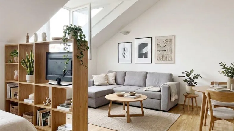 Helles Wohnzimmer in Dachgeschosswohnung mit gemütlichem Sofa, Holzboden und praktischem Raumteiler mit Fernseher.