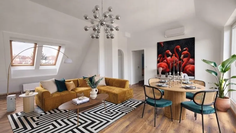 Virtuell eingerichteter Wohn- und Essbereich mit Dachschrägen, Dachfenstern und modernem Design.