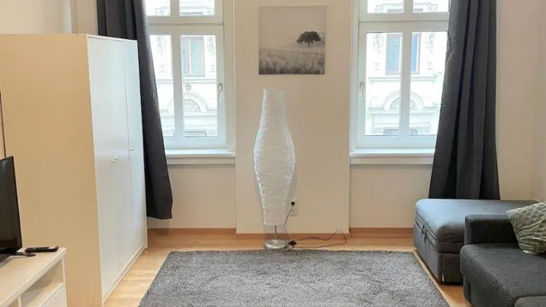 Helles Wohnzimmer mit Holzboden, großem Teppich und zwei Fenstern mit dunklen Vorhängen.