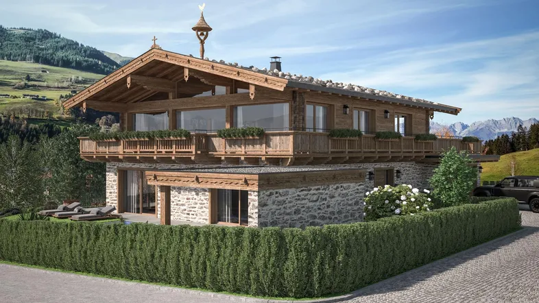 Luxuriöses Chalet mit traditioneller Holz- und Steinfassade, großzügigem Balkon und Bergblick.