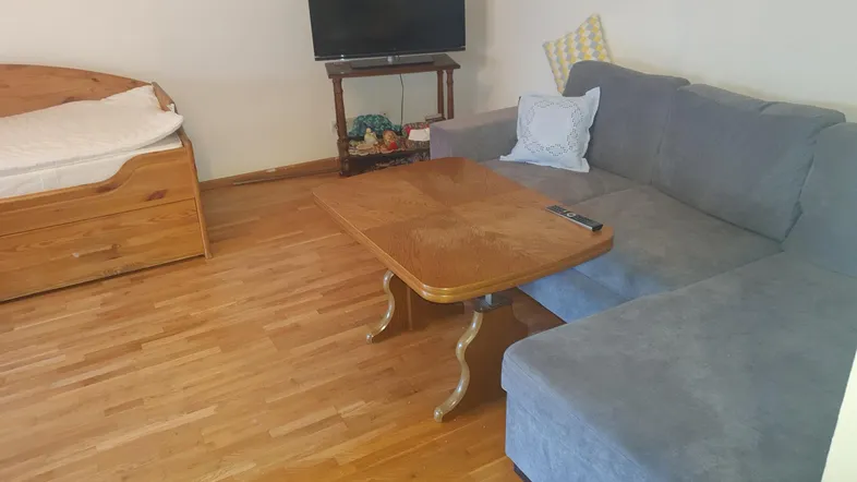 Gemütliches Wohnzimmer mit Sofa, Fernseher und Holzboden, ideal für entspannte Abende.