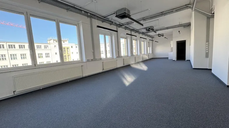 Geräumiges, leeres Büro mit Teppichboden, vielen Fenstern und freiliegenden Leitungen an der Decke.