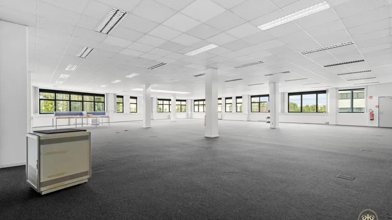 Großes, leeres Büro mit Teppichboden und vielen Fenstern, bereit zur individuellen Gestaltung und Nutzung.