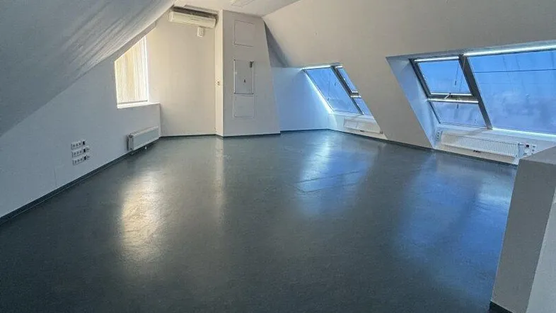 Geräumiger Dachgeschossraum mit schrägen Wänden, großen Dachfenstern und dunklem Bodenbelag, ideal für Wohnen oder Büro.