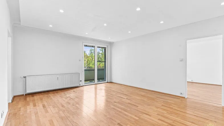 Helles Wohnzimmer mit Parkettboden, Einbaustrahlern und Zugang zu einem Balkon.