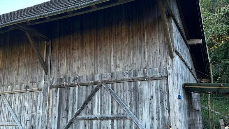 Altes Holzgebäude mit traditioneller Holzfassade und Holzdach, umgeben von Grünflächen und Bäumen.