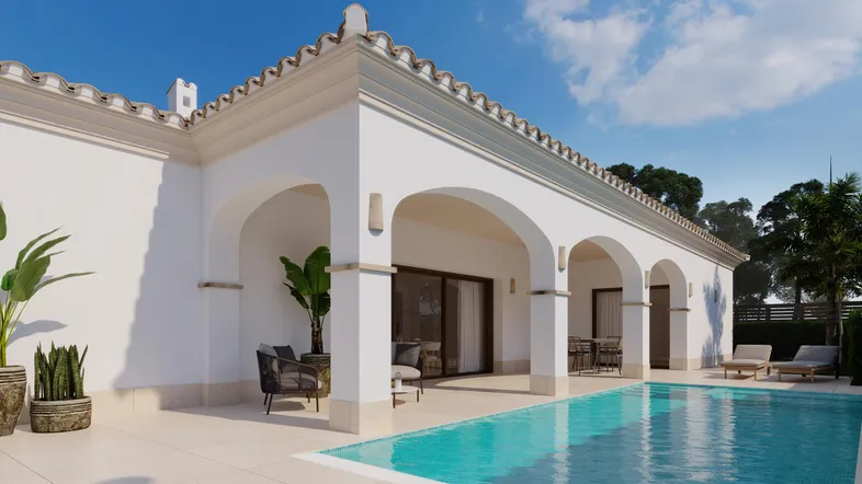 Elegante Villa mit großem Poolbereich und überdachter Terrasse, ideal für Entspannung im Freien.