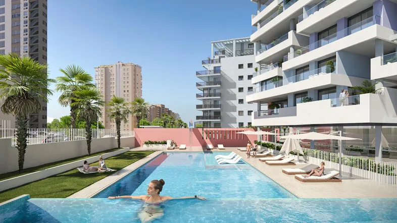 Visualisierung des modernen Apartmentkomplexes mit großem Außenpool und Liegebereich.