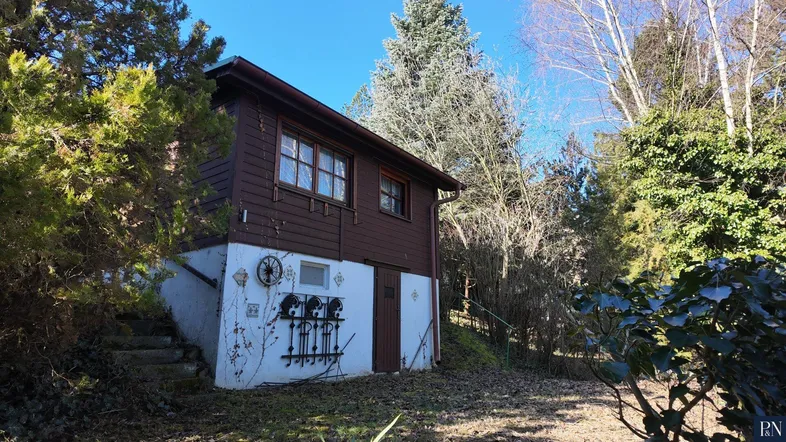 Kleines Holzhaus mit weißem Sockel und umgebender Natur an einem sonnigen Tag.