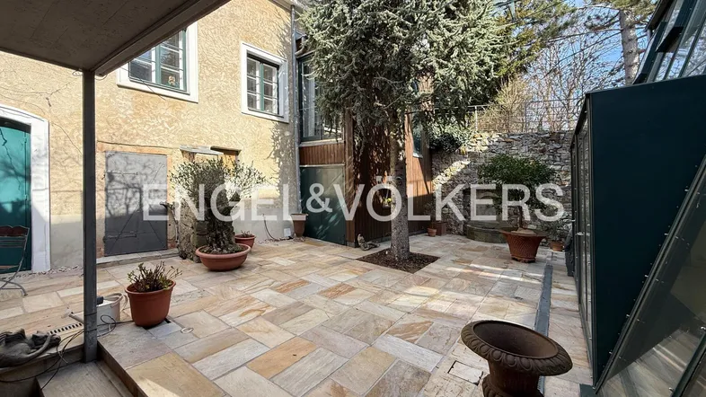 Großer gepflasterter Terrassenbereich mit Baum und angrenzendem Wintergarten, ideal für Entspannung im Freien.