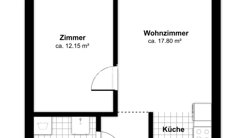 Grundriss einer Wohnung mit einem Zimmer, Wohnzimmer, Küche, Bad und Balkon.