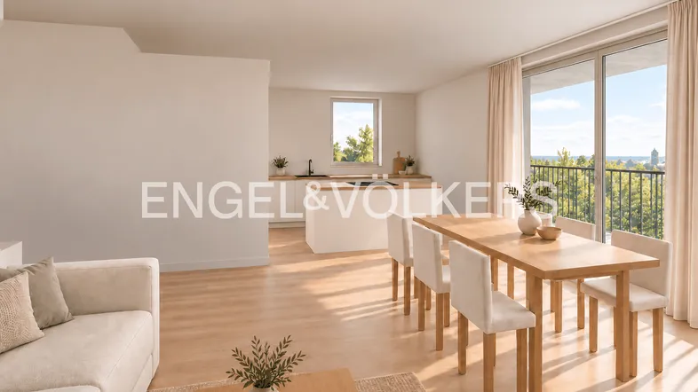 Heller, offener Wohn- und Essbereich mit integrierter Küche und Zugang zu einem Balkon.