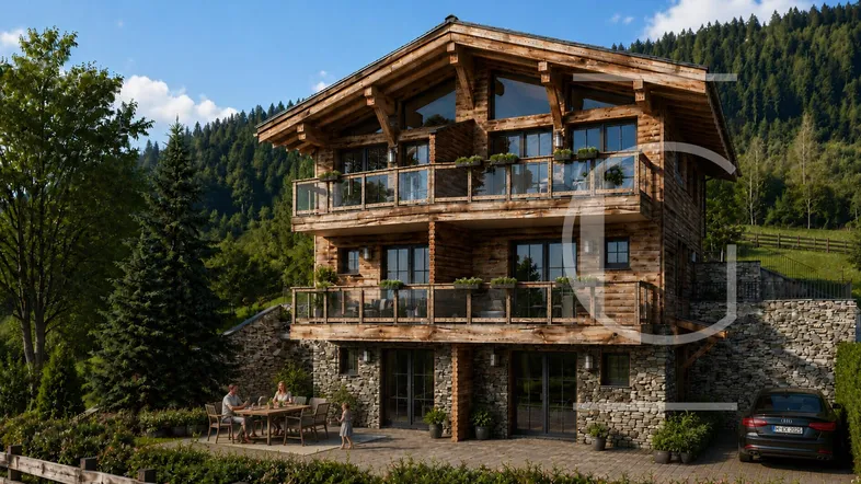 Luxuriöses Holzchalet mit großer Terrasse, Bergblick und Außenbereich für gesellige Stunden.