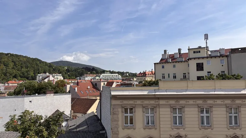 Stadtansicht mit historischen Gebäuden, grünen Hügeln und einem weiten Himmel.