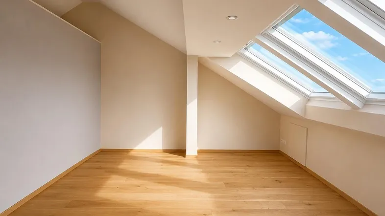 Helles Dachgeschosszimmer mit Holzboden und großen Dachfenstern, die viel Tageslicht hereinlassen.