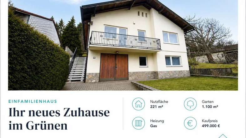 Gepflegtes Einfamilienhaus mit Balkon, Vorgarten und Doppelgarage in grüner Umgebung.