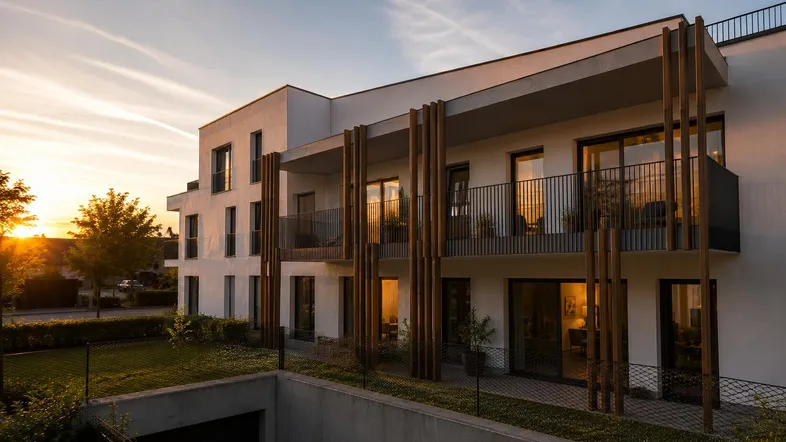 Modernes Mehrfamilienhaus bei Sonnenuntergang mit Balkonen und Tiefgaragenzufahrt.
